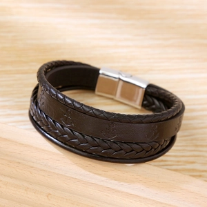 Vintage multi-layer dark brown braided leather bracelet with silver anchor magnetic clasp