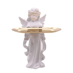 Nordic white angel statue with gold metal tray for key storage and home desk decoration