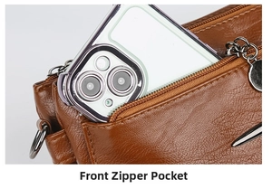 Detail of front zipper pocket on brown lychee texture leather crossbody bag