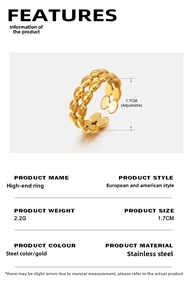 Detail specifications of golden double-layer stainless steel adjustable ring showing size and weight