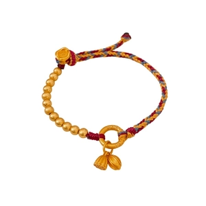 New Chinese style braided rope bracelet with golden lotus seed pod beads and floral charms