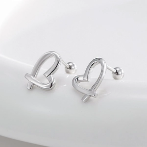 Polished silver irregular heart stud earrings with secure screw-back ball closures