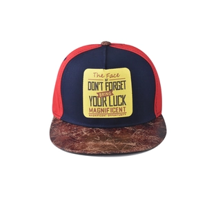 Vue détaillée d'une casquette snapback tricolore avec patch logo et visière marron craquelée
