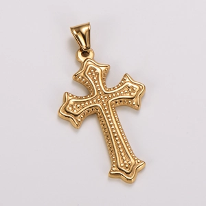 Detailed view of golden stainless steel cross pendant with embossed dot texture and bail