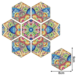 Detail view of 6-piece mandala diamond painting coasters with 9x8cm dimensions