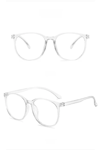 Detailed front and side view of transparent oversized round eyeglasses frame in clear resin