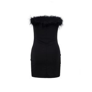 Detailed close-up of the fluffy feather trim on the neckline of a black tube dress