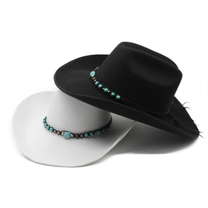 Classic wide brim felt cowboy hats in black and white with turquoise bead bands