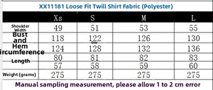 Detailed size guide for women's long sleeve poplin shirt including bust and length measurements