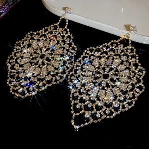 Macro shot of sparkling rhinestone encrusted mesh dangle earrings with diamond-like shine