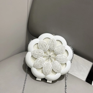 Elegant pearl white flower evening clutch with crystals and silver chain strap