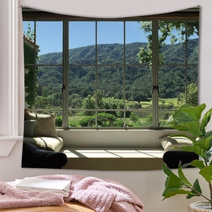 Detail of forest landscape wall tapestry with realistic 3D window view and green mountains