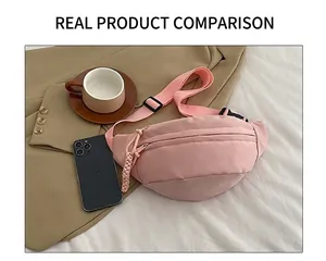 Pink nylon dumpling bag with adjustable strap shown next to a blazer and coffee cup