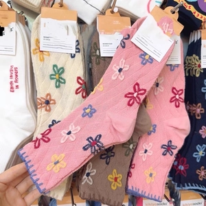 Retro argyle knit socks with 3D floral embroidery and scalloped edges for women