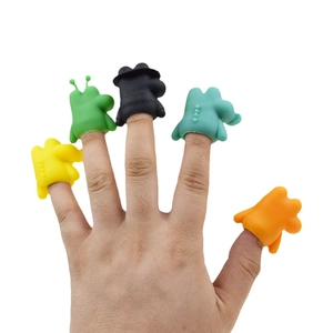 Five colorful TPR rubber crocodile finger puppets for storytelling and sensory play