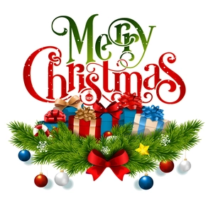 Merry Christmas wall sticker featuring red bows, green pine branches and colorful gift boxes