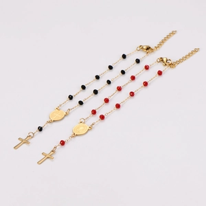 Bracelet chapelet français en acier doré avec perles colorées et pendentif croix chic