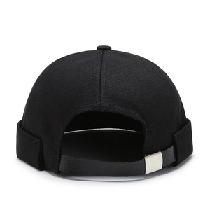 Classic black cotton miki hat featuring a leather strap and silver metal buckle closure