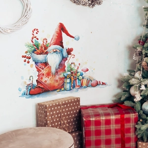 Christmas Gnome Wall Sticker Watercolor Santa Gnome PVC Removable Self Adhesive Holiday Home Decor Festive Wall Decal