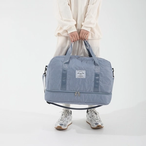 Light blue quilted gym bag with star pattern and wet dry separation for travel use