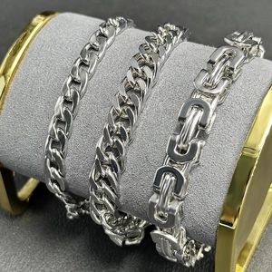 Men's hip hop silver Cuban chain bracelet set with three distinct link styles