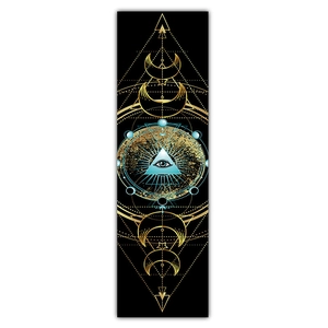 Detailed view of sun and moon wall scroll with golden mystic pyramid pattern on black