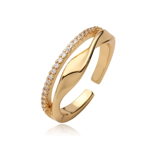 18K gold plated double-layered geometric open ring with cubic zirconia for women