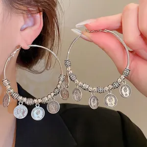 Vintage Hoop Earrings With Silver Earring Post Large Round Alloy Coin Pendants Retro Portrait Jewelry For Women