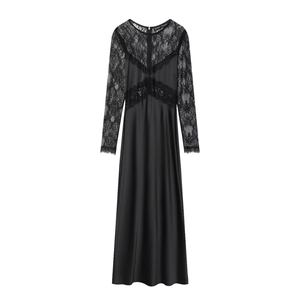 Women Elegant Black Maxi Dress Lace Patchwork Long Sleeve Satin Gown Party Evening Long Dress