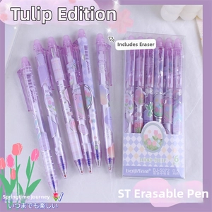 Detail of 6-pack purple tulip erasable pens with 0.5mm ST tip and integrated eraser
