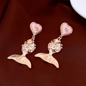 Vintage Goldfish Tail Drop Earrings Alloy Rhinestone Pink Heart With 925 Sterling Silver Earring Post For Women