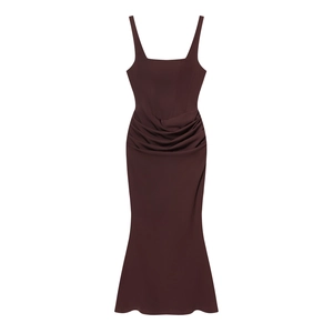 Slim fit dark brown backless maxi dress with side ruching and spaghetti straps