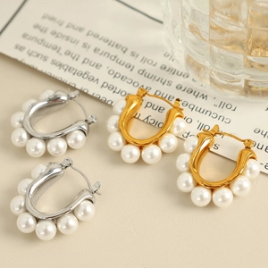 Elegant U-shaped French pearl hoop earrings in gold and silver finish for women