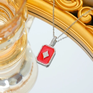 Titanium steel square pendant necklace with red enamel and lucky star crystals