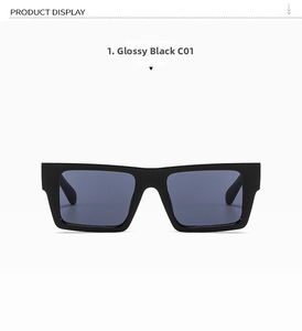 Front view of premium square black sunglasses with classic dark grey polarized lenses