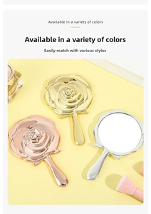 Detailed relief of rose flower back on handheld makeup mirrors in gold and rose gold