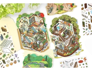 Detail of 2.5D architectural house stickers for DIY journaling and scrapbooking scenery