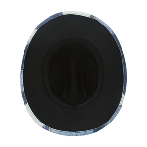 Detailed top view of vintage denim fedora showing inner black lining and crown dent