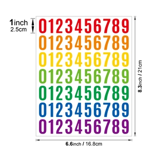 Detailed size guide for 1 inch vinyl number stickers in seven vibrant rainbow colors