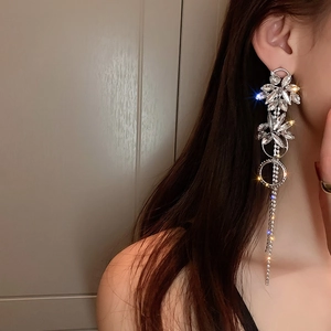 Macro shot of silver tassel earrings with flower crystal motifs worn by a model