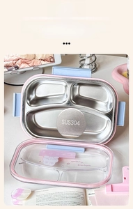 Detailed view of kids bento box with SUS304 stainless steel 3-grid inner tray and lid