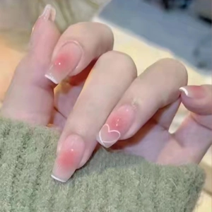 Pink Gradient Blush Press On Nails Short Square White Heart Pattern Plastic Detachable False Nails For Women