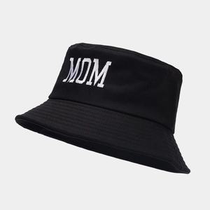 Classic black cotton bucket hat with white MOM embroidery for sun protection