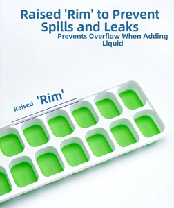 Detail of 14-compartment ice cube mold with raised edges and flexible silicone bottom