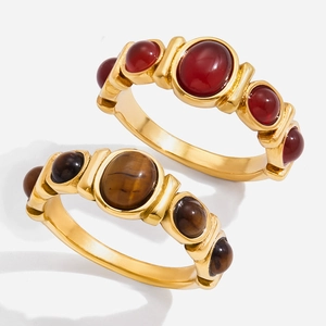 Bagues vintage en acier inoxydable plaqué or 18K avec oeil de tigre et agate rouge