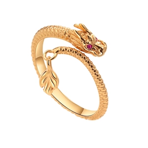 Golden dragon ring with detailed scales, red gemstone eyes and a leaf pendant charm