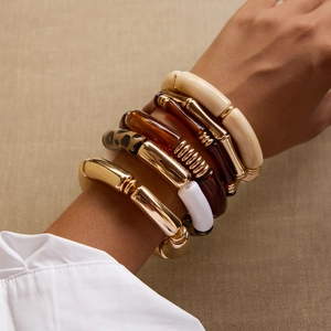 Retro UV gold plated resin stacked bracelets set featuring amber and leopard prints