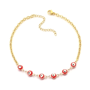 18K gold plated stainless steel anklet featuring red evil eye resin charms for women
