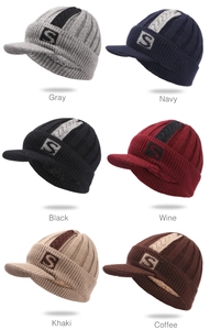 Detailed grid of thick knit beanies with visors in six colors showing S-logo and fleece lining
