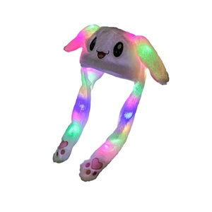 White plush bunny hat with glowing LED lights and moving ears for children and parents